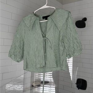 Zara Green Checkered Blouse with Tie-Front